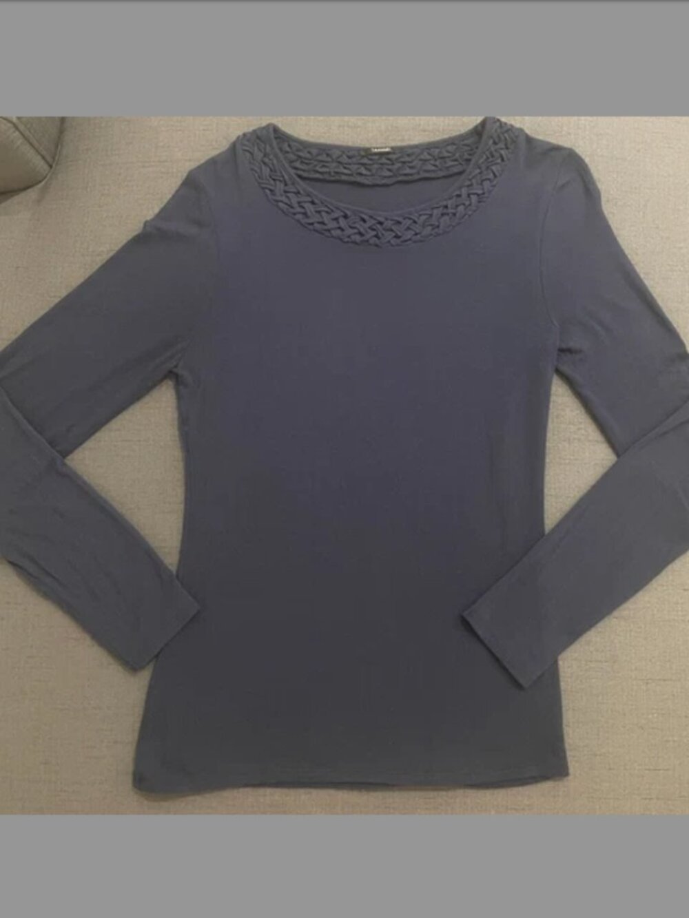 Tahari Navy Blue Decorative Braided Lattice Neck Long Sleeve Top Size S